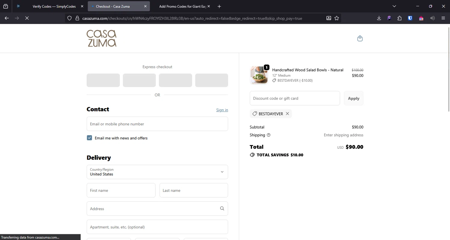 Casa Zuma promo code screenshot showing code BESTDAYEVER applied at Casa Zuma checkout page. Uploaded by SimplyCodes community member bluemoony on Oct 28, 2025