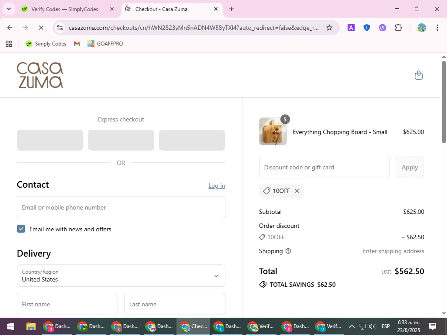 Casa Zuma promo code screenshot showing code 10off applied at Casa Zuma checkout page. Uploaded by SimplyCodes community member ShrewdSpotter4101 on Aug 23, 2025