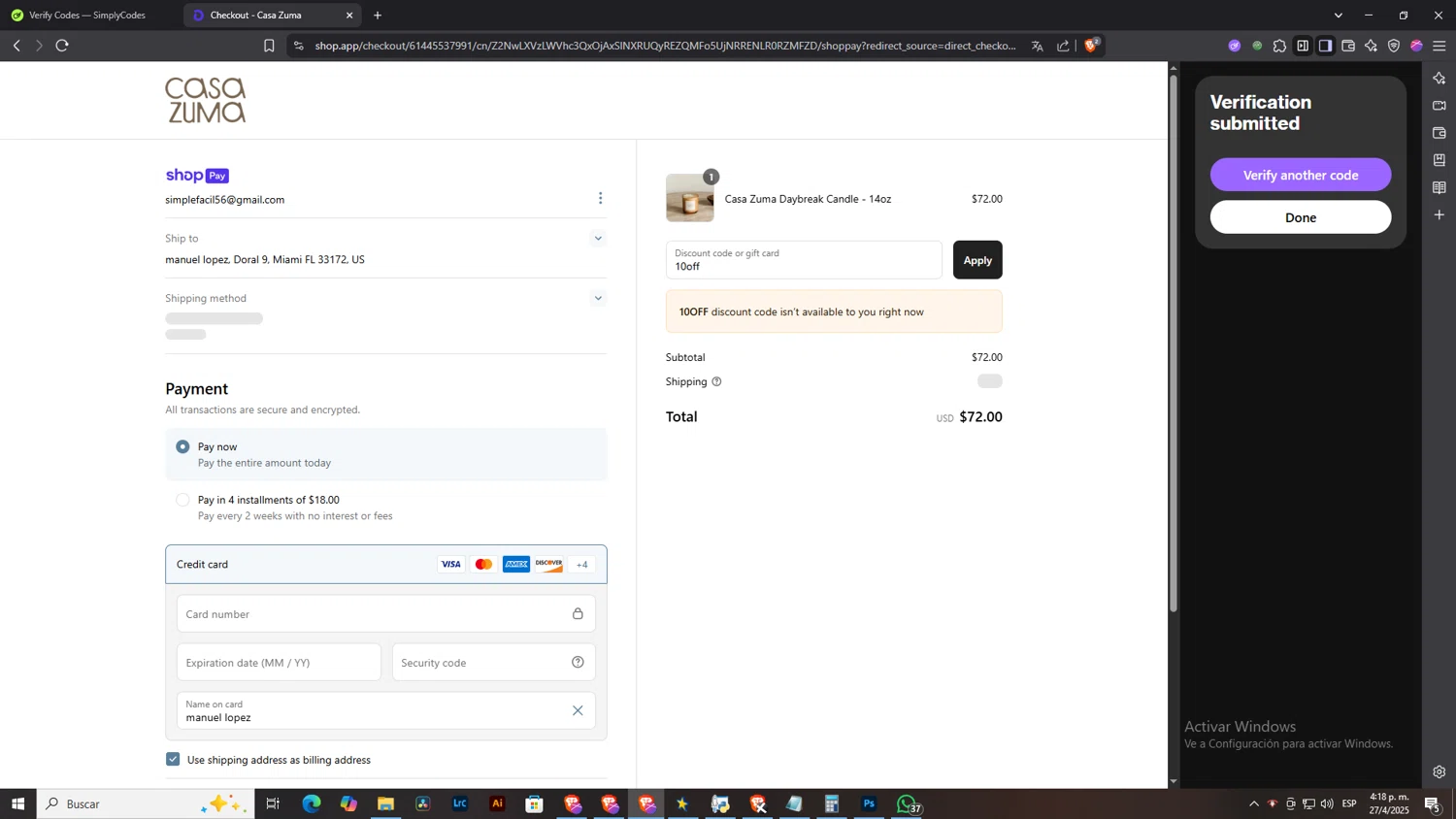 Casa Zuma promo code screenshot showing code 10off applied at Casa Zuma checkout page. Uploaded by SimplyCodes community member NobleLegend6162 on Apr 27, 2025