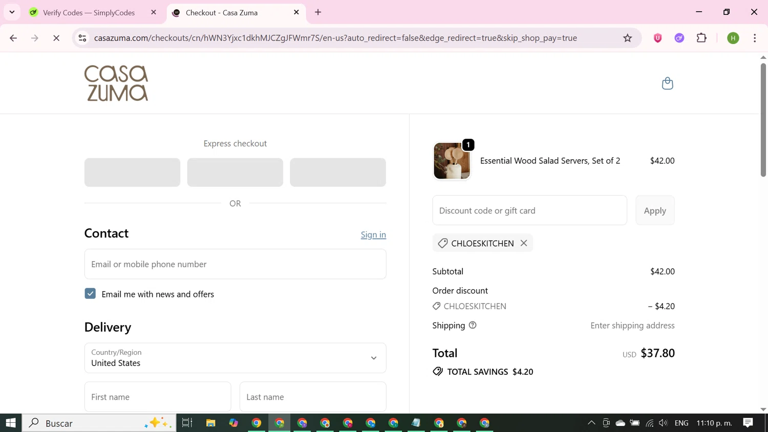 Casa Zuma promo code screenshot showing code Chloeskitchen applied at Casa Zuma checkout page. Uploaded by SimplyCodes community member BudgetFalcon2689 on Sep 30, 2025