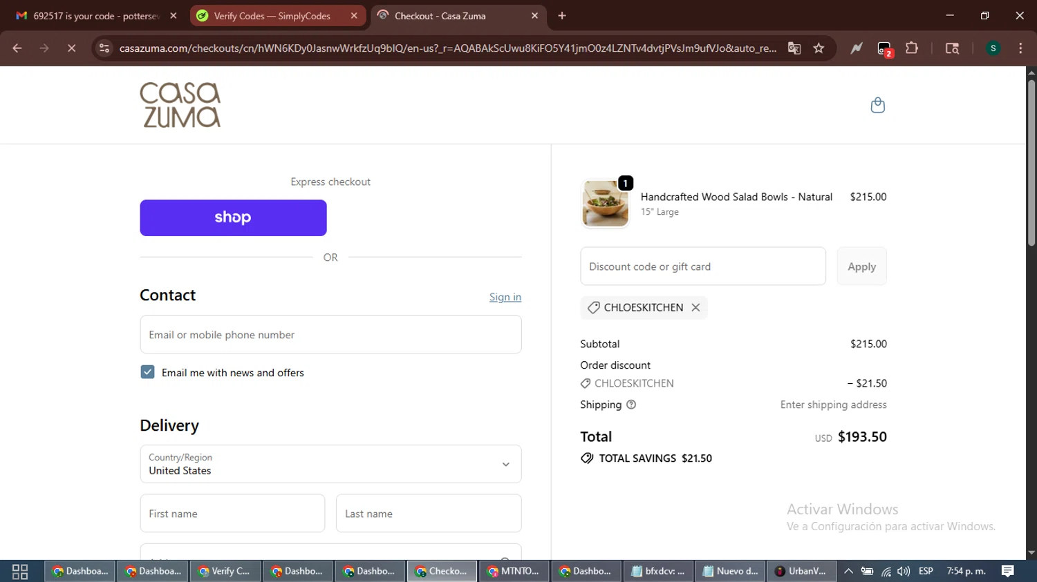 Casa Zuma promo code screenshot showing code Chloeskitchen applied at Casa Zuma checkout page. Uploaded by SimplyCodes community member ShrewdAce7935 on Dec 11, 2025