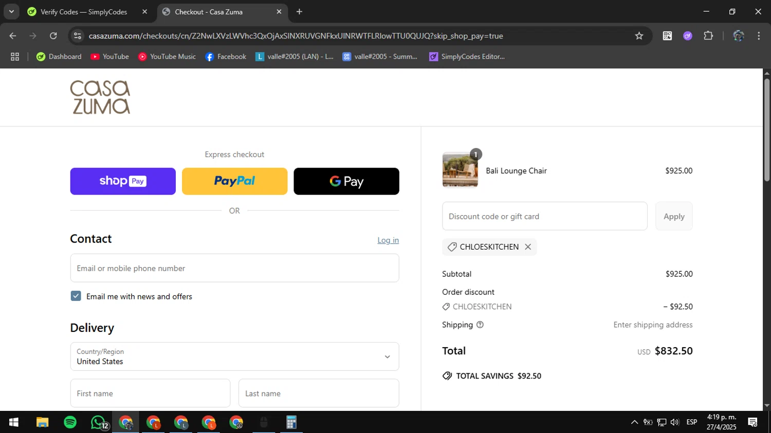 Casa Zuma promo code screenshot showing code Chloeskitchen applied at Casa Zuma checkout page. Uploaded by SimplyCodes community member RoyalAdmiral1682 on Apr 27, 2025