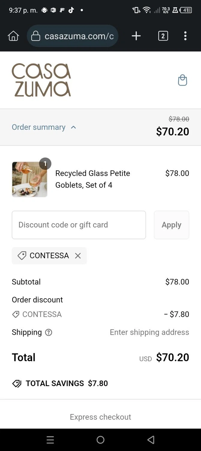 Casa Zuma promo code screenshot showing code CONTESSA applied at Casa Zuma checkout page. Uploaded by SimplyCodes community member Frankcuenca on Feb 27, 2025