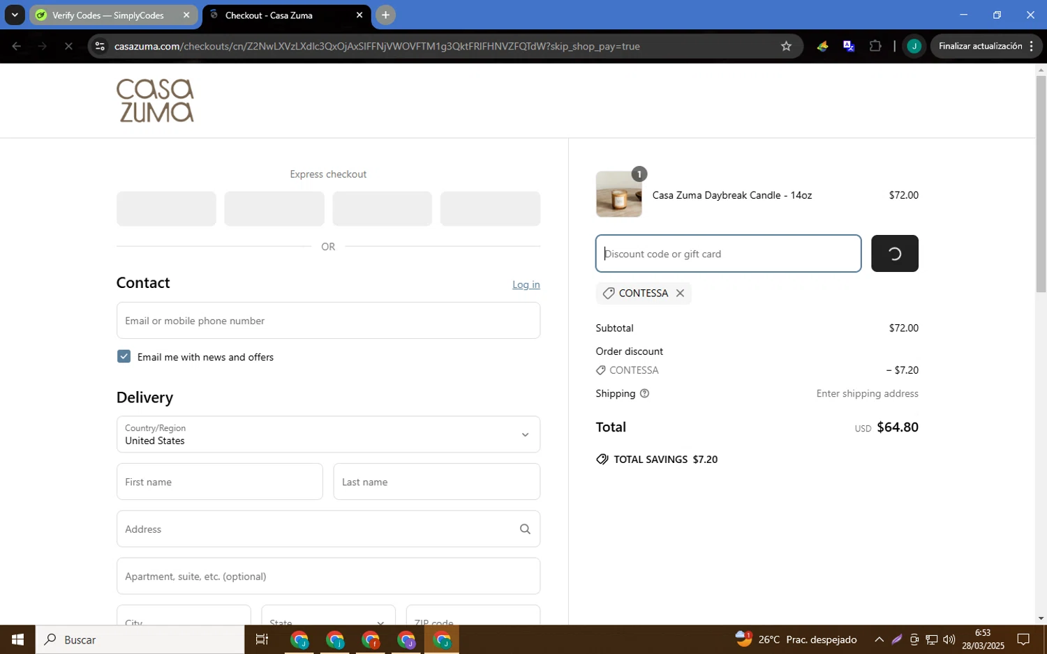 Casa Zuma promo code screenshot showing code CONTESSA applied at Casa Zuma checkout page. Uploaded by SimplyCodes community member MagnificentCaptain7552 on Mar 28, 2025