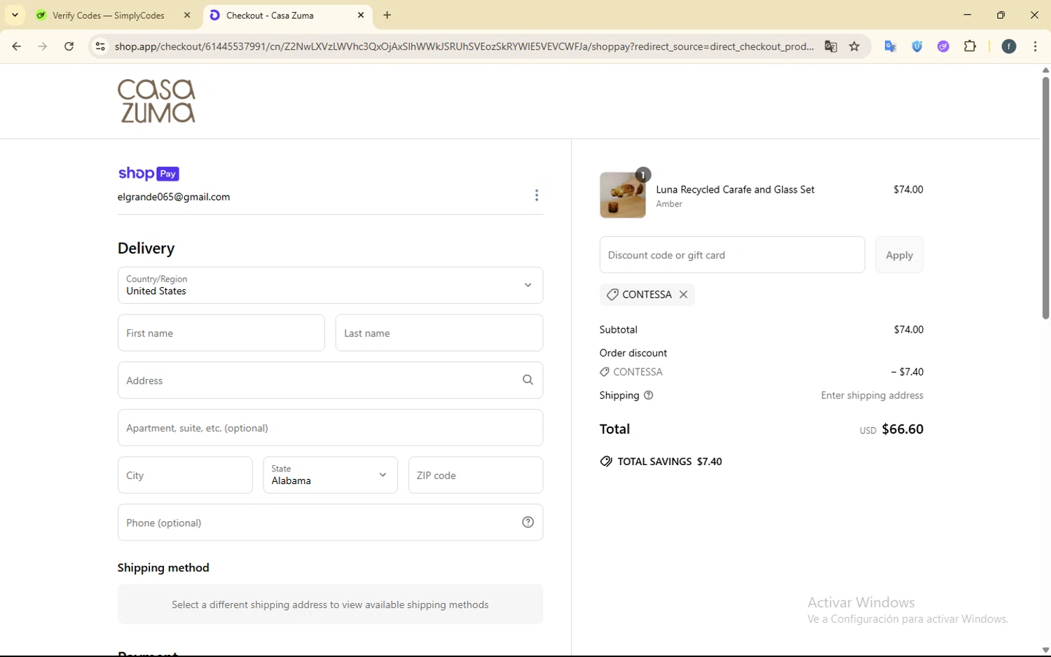 Casa Zuma promo code screenshot showing code CONTESSA applied at Casa Zuma checkout page. Uploaded by SimplyCodes community member SmartElite7457 on Jun 16, 2025