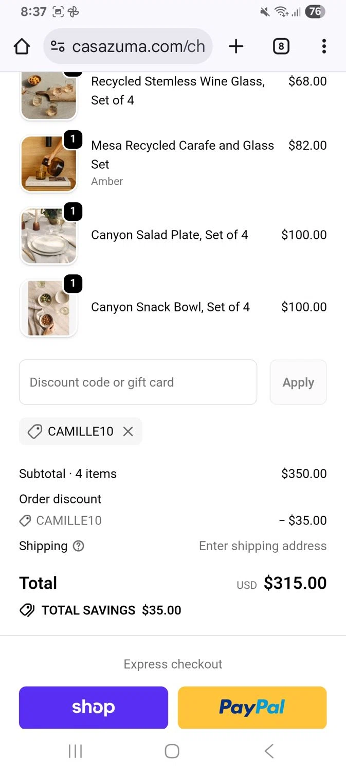 Casa Zuma promo code screenshot showing code Camille10 applied at Casa Zuma checkout page. Uploaded by SimplyCodes community member KarinaHZ on Oct 28, 2025