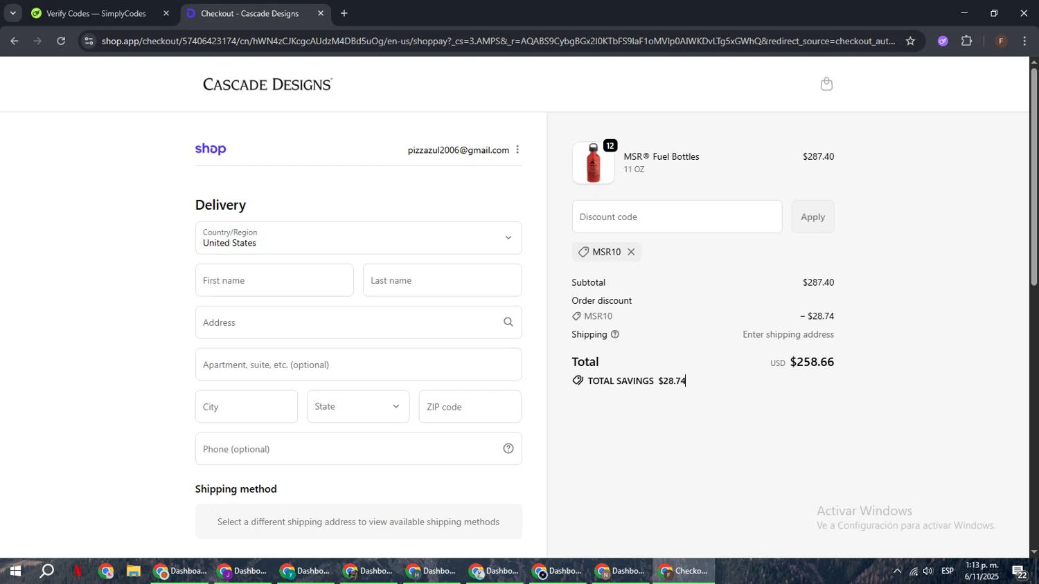 Cascade Designs promo code screenshot showing code MSR10 applied at Cascade Designs checkout page. Uploaded by SimplyCodes community member ExtraordinaryHunter3076 on Nov 6, 2025