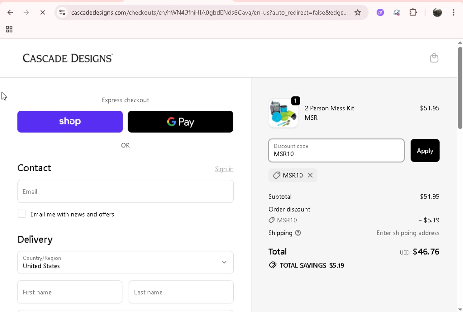Cascade Designs promo code screenshot showing code MSR10 applied at Cascade Designs checkout page. Uploaded by SimplyCodes community member Jesusvasquezzz on Oct 13, 2025