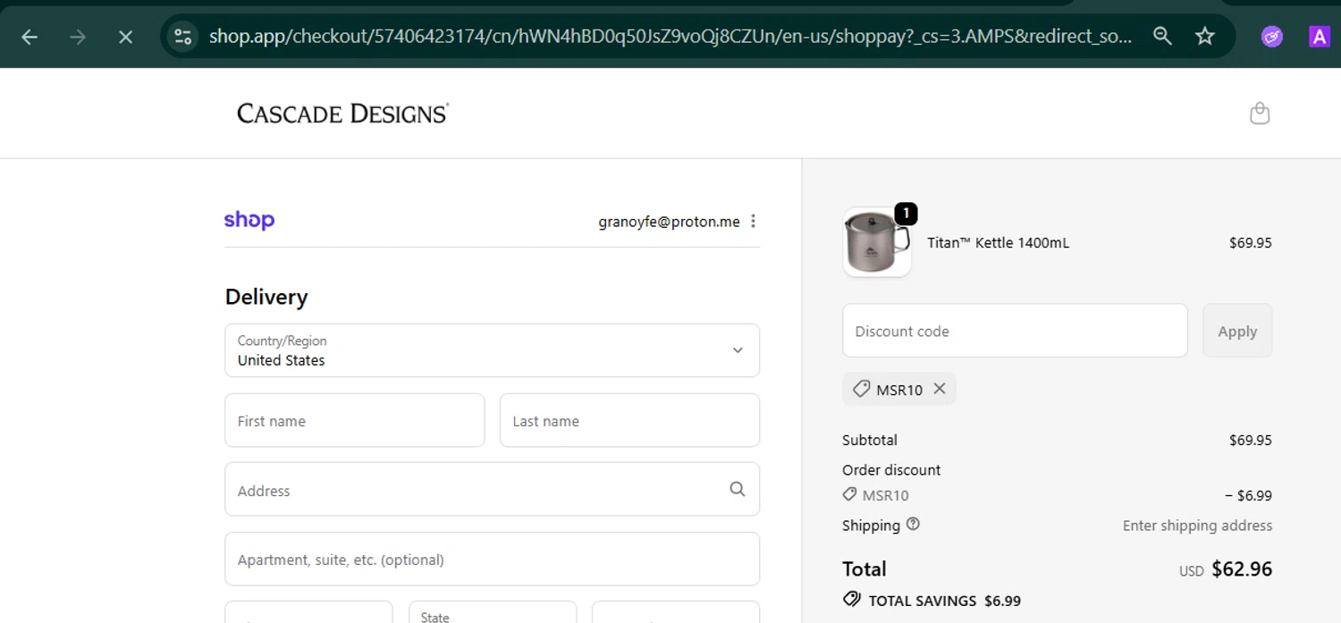 Cascade Designs promo code screenshot showing code MSR10 applied at Cascade Designs checkout page. Uploaded by SimplyCodes community member MARCVH on Oct 30, 2025