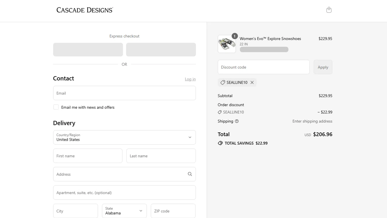 Cascade Designs promo code screenshot showing code SEALLINE10 applied at Cascade Designs checkout page. Uploaded by SimplyCodes community member Marboroooooooooooo on Aug 29, 2025