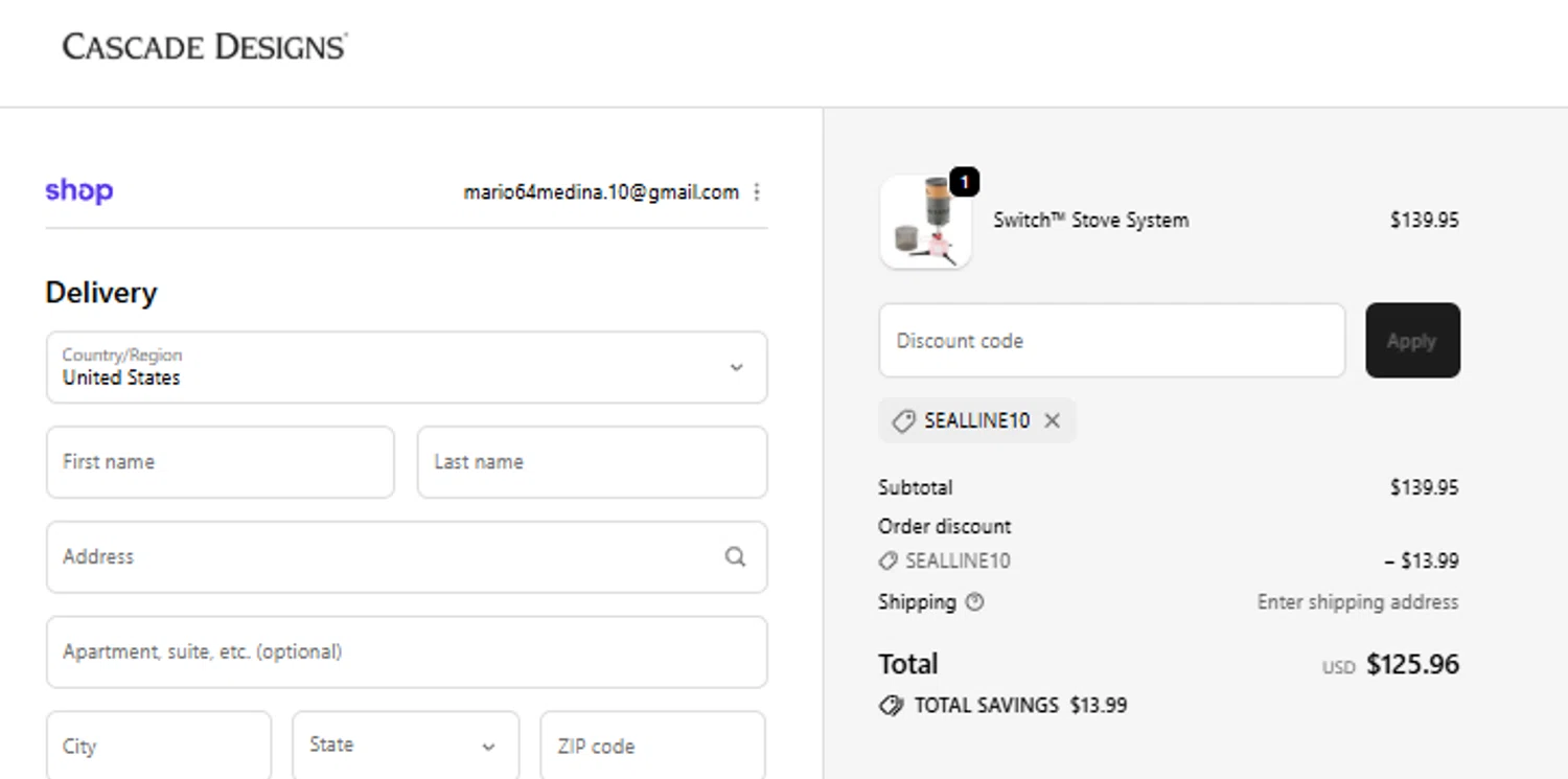 Cascade Designs promo code screenshot showing code SEALLINE10 applied at Cascade Designs checkout page. Uploaded by SimplyCodes community member Diaz22 on Oct 9, 2025