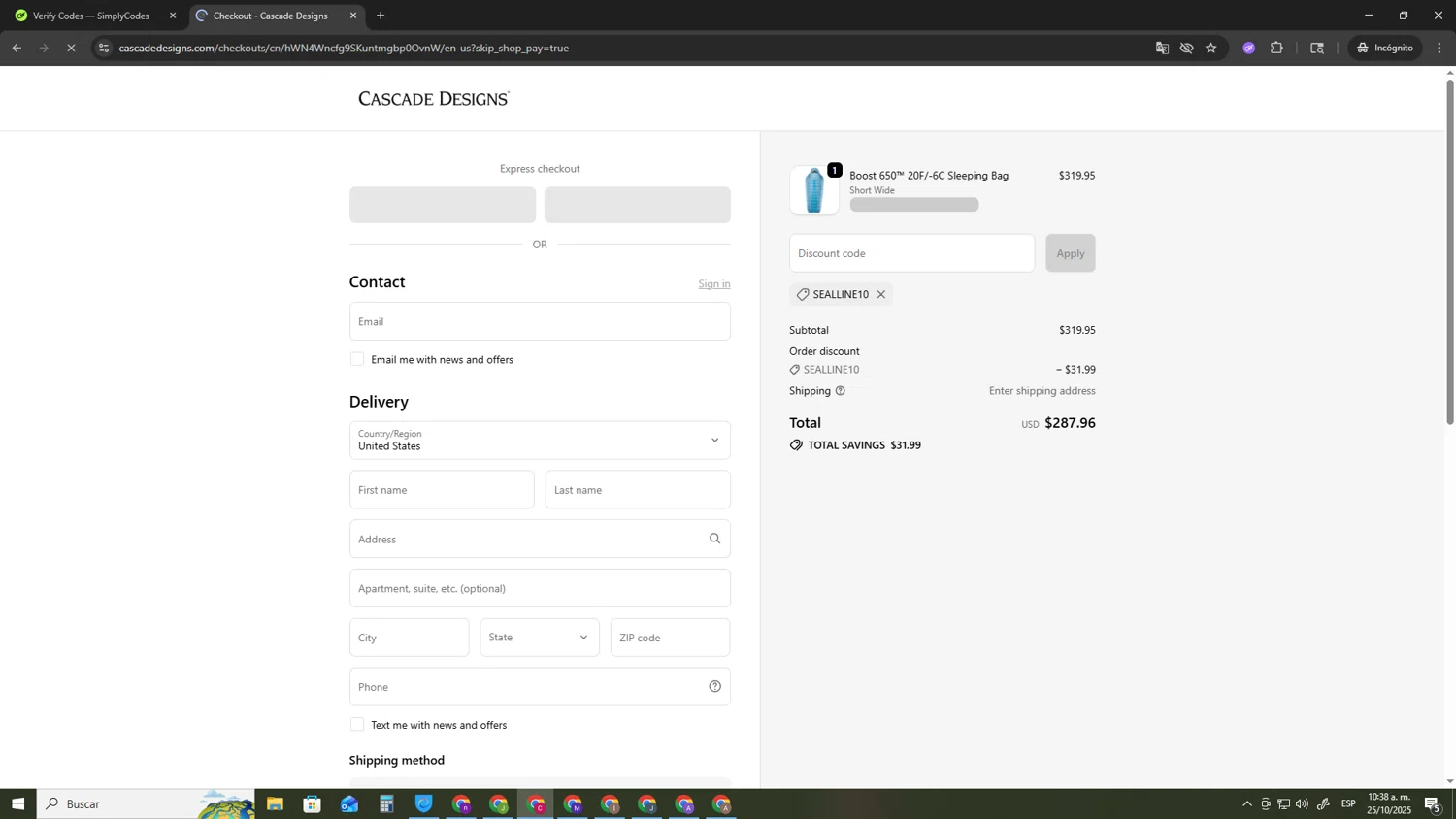 Cascade Designs promo code screenshot showing code SEALLINE10 applied at Cascade Designs checkout page. Uploaded by SimplyCodes community member TOROREX250 on Oct 25, 2025