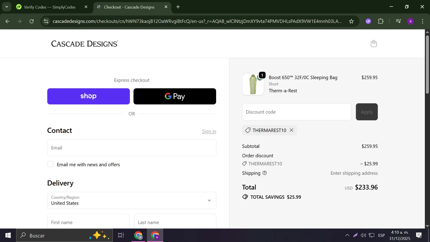 Cascade Designs promo code screenshot showing code THERMAREST10 applied at Cascade Designs checkout page. Uploaded by SimplyCodes community member Anderson on Dec 31, 2025