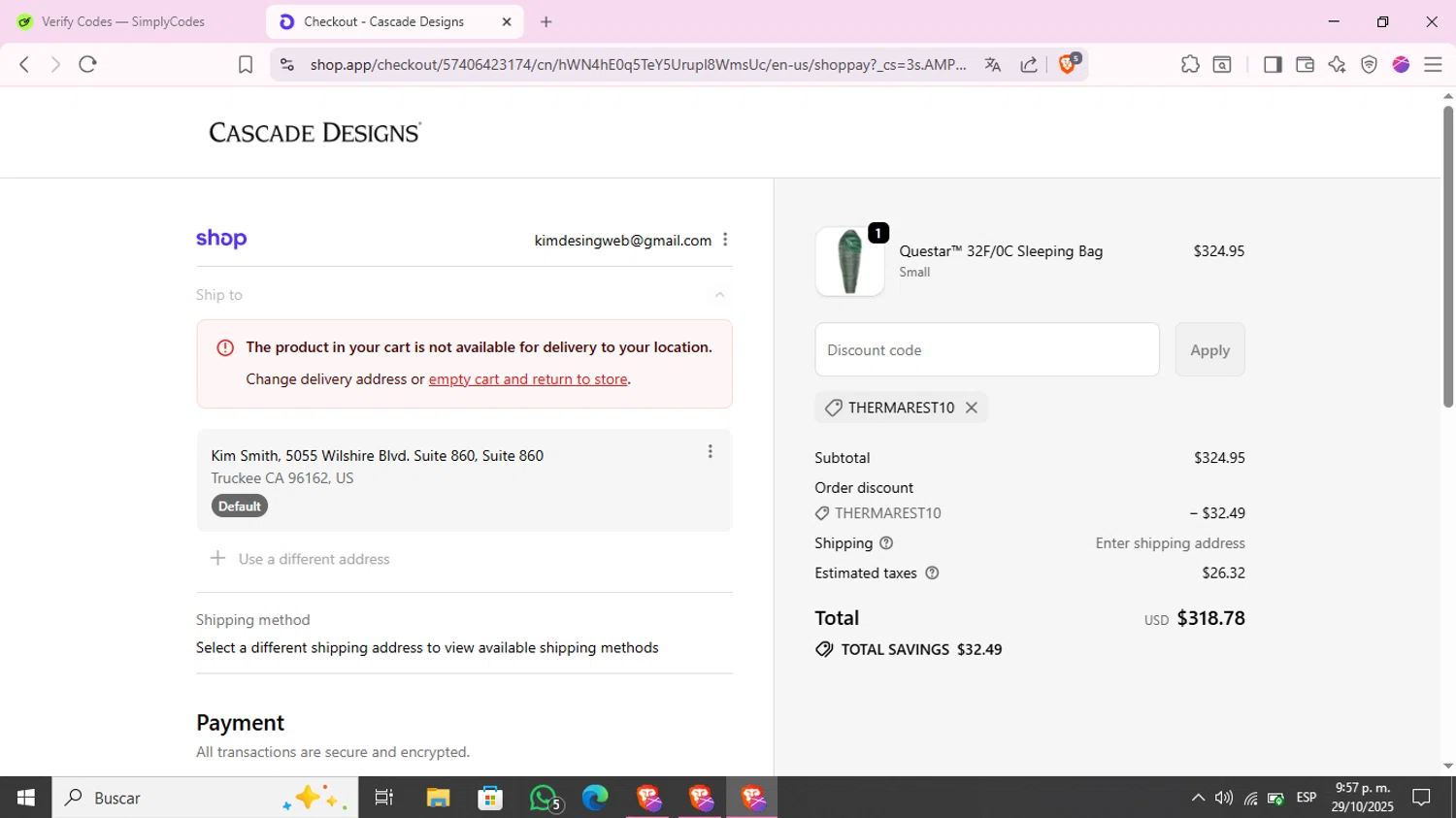 Cascade Designs promo code screenshot showing code THERMAREST10 applied at Cascade Designs checkout page. Uploaded by SimplyCodes community member KimChrista_ on Oct 30, 2025