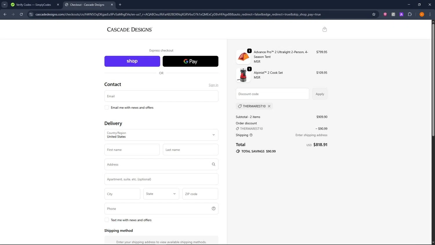 Cascade Designs promo code screenshot showing code THERMAREST10 applied at Cascade Designs checkout page. Uploaded by SimplyCodes community member ShrewdCaptain9911 on Nov 17, 2025