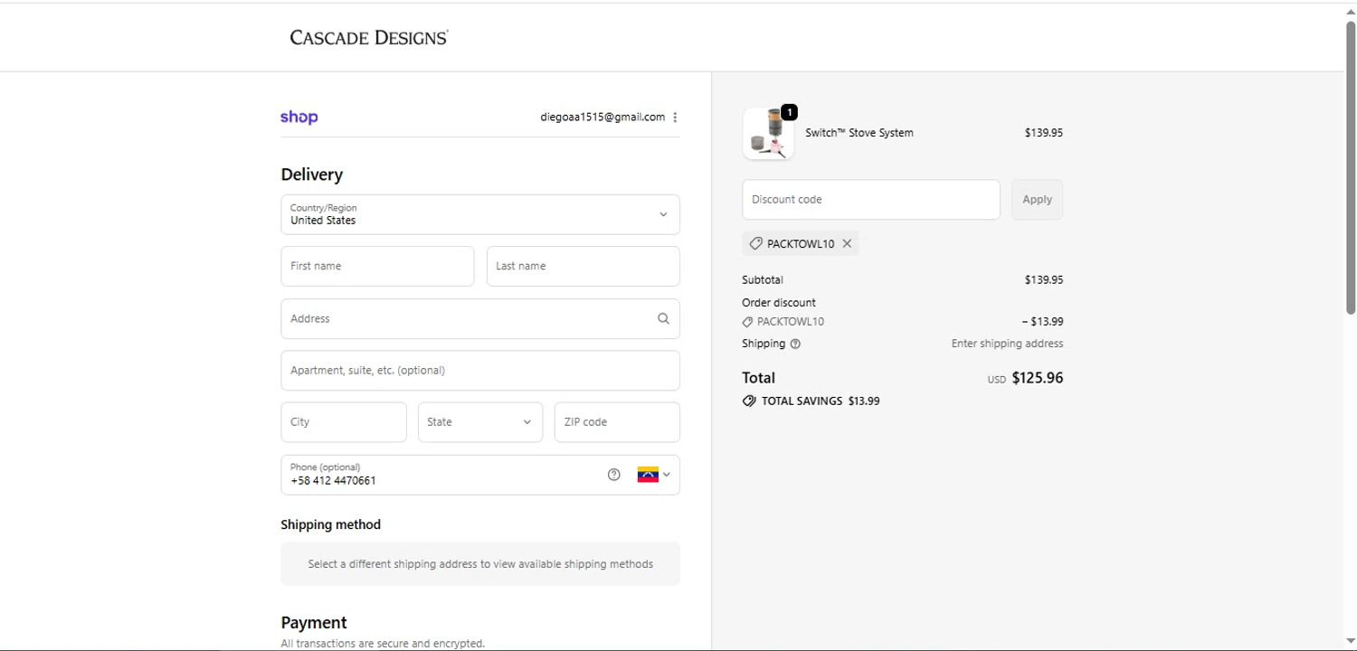 Cascade Designs promo code screenshot showing code packtowl10 applied at Cascade Designs checkout page. Uploaded by SimplyCodes community member BargainShopper1384 on Oct 30, 2025