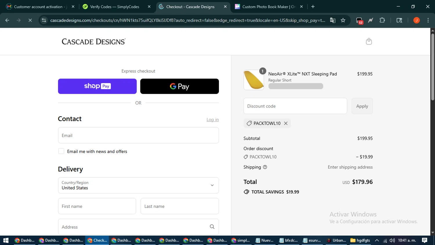 Cascade Designs promo code screenshot showing code packtowl10 applied at Cascade Designs checkout page. Uploaded by SimplyCodes community member NobleAce2304 on Aug 13, 2025