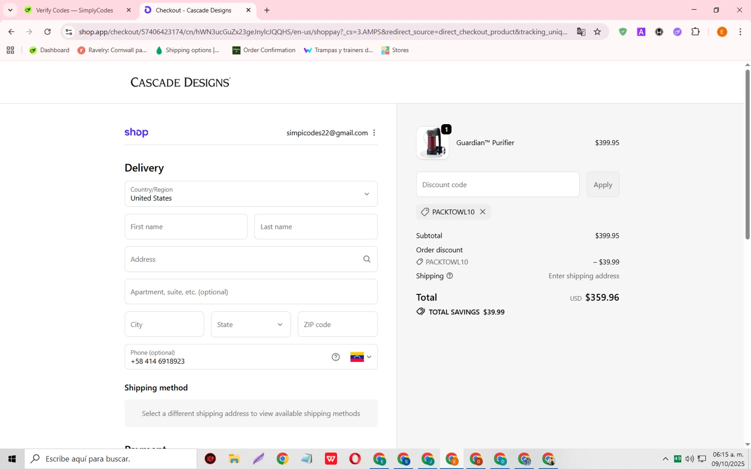 Cascade Designs promo code screenshot showing code packtowl10 applied at Cascade Designs checkout page. Uploaded by SimplyCodes community member RewardFalcon3197 on Oct 9, 2025