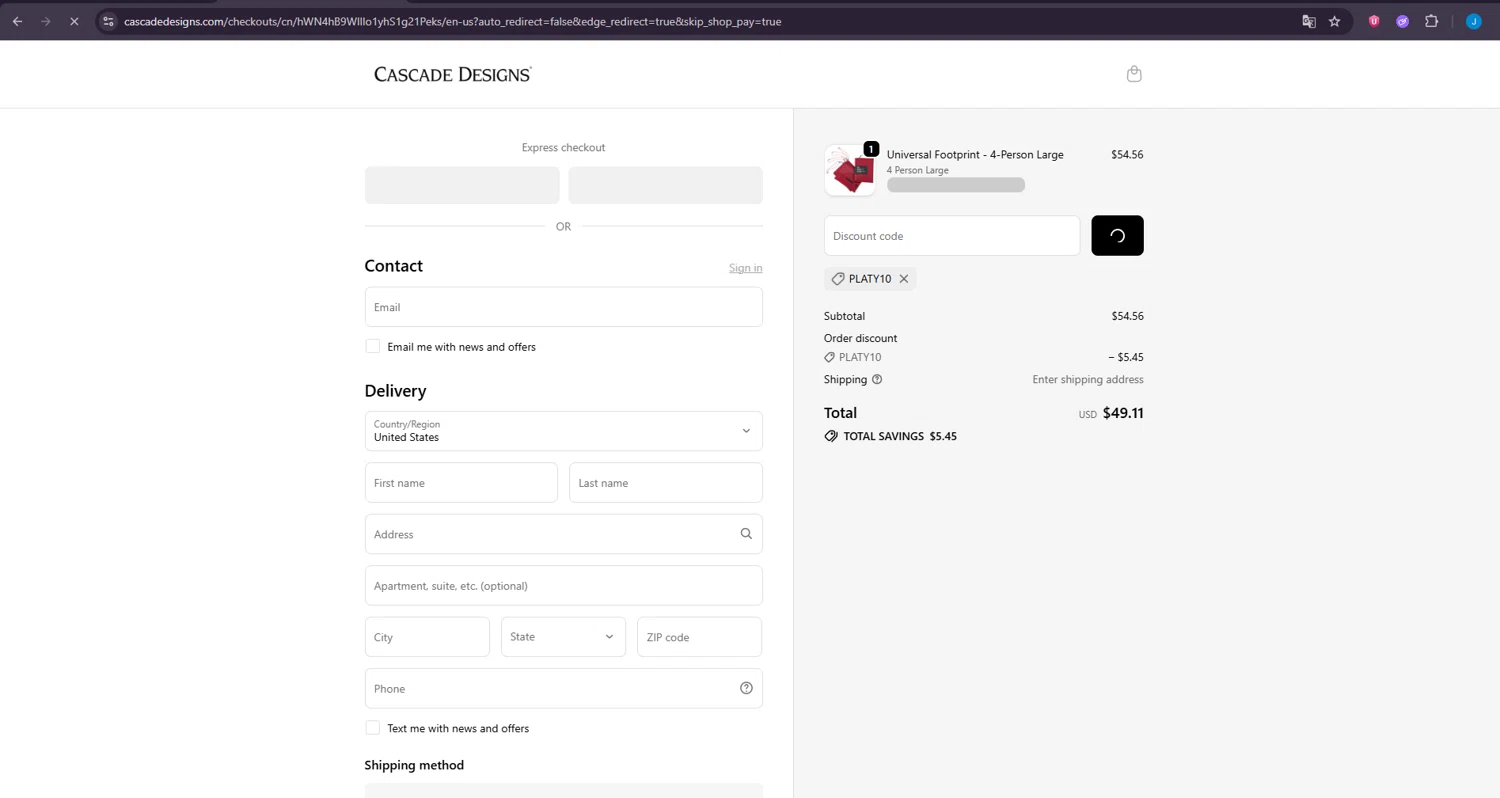 Cascade Designs promo code screenshot showing code PLATY10 applied at Cascade Designs checkout page. Uploaded by SimplyCodes community member LuckyDefender4135 on Oct 30, 2025