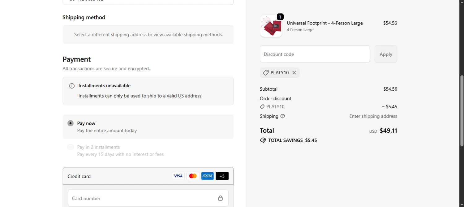 Cascade Designs promo code screenshot showing code PLATY10 applied at Cascade Designs checkout page. Uploaded by SimplyCodes community member noworries on Oct 21, 2025