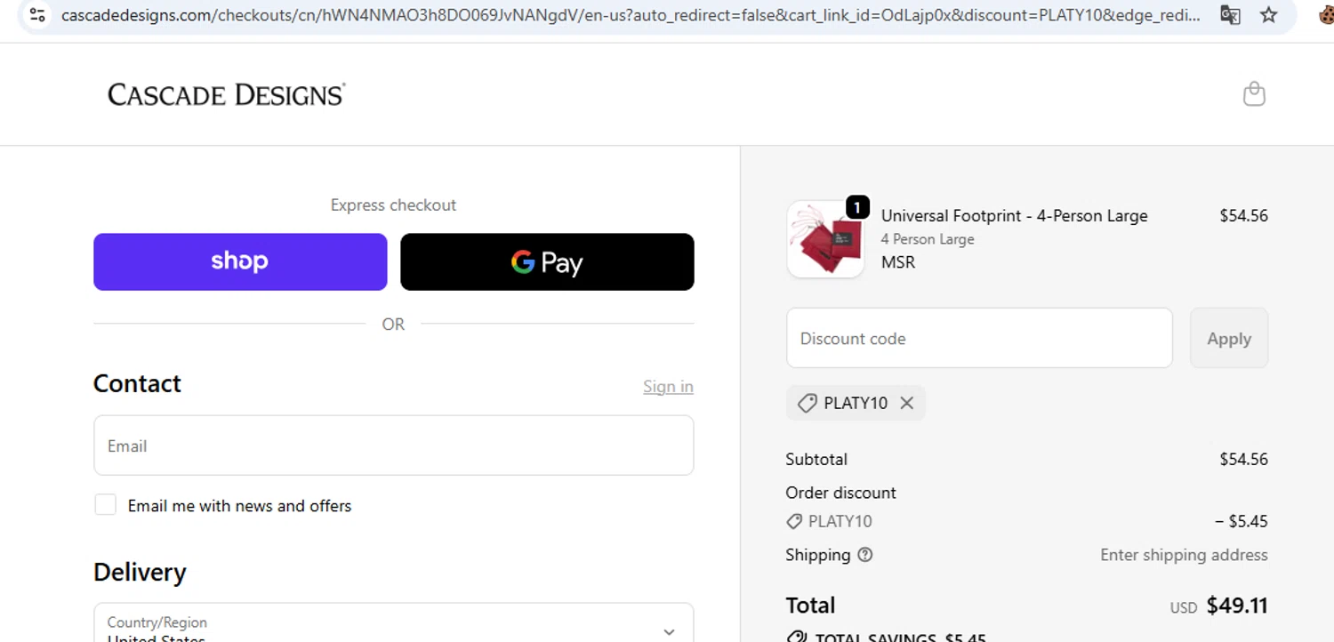 Cascade Designs promo code screenshot showing code PLATY10 applied at Cascade Designs checkout page. Uploaded by SimplyCodes community member javierprez on Oct 21, 2025