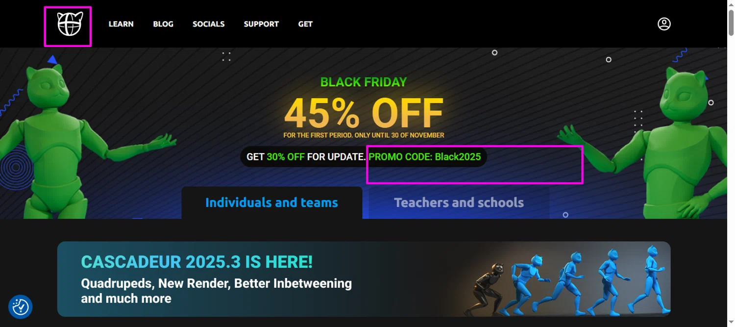 Cascadeur promo code screenshot showing code BLACK2025 applied at Cascadeur checkout page. Uploaded by SimplyCodes community member mrdarcy on Nov 29, 2025