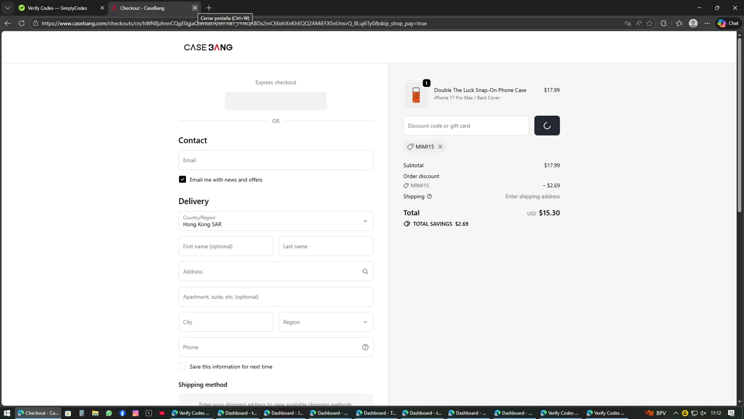 Casebang checkout page showing Casebang discount code box | Screenshot taken by SimplyCodes community member on Feb 13, 2026