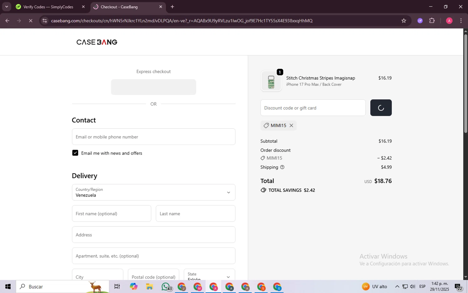 Casebang discount code screenshot showing code Mimi15 applied at Casebang checkout page. Uploaded by SimplyCodes community member SaleScholar6713 on Nov 29, 2025