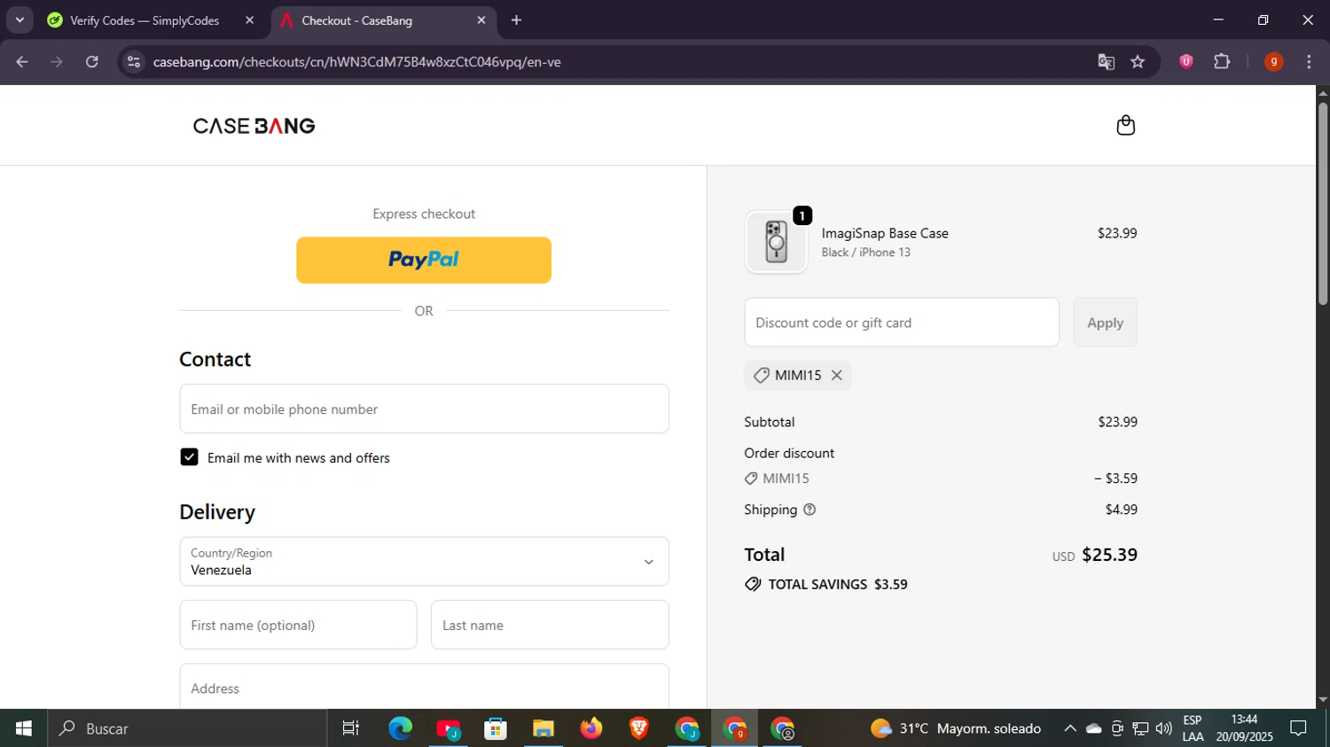 Casebang discount code screenshot showing code Mimi15 applied at Casebang checkout page. Uploaded by SimplyCodes community member Scottcawthon on Sep 20, 2025