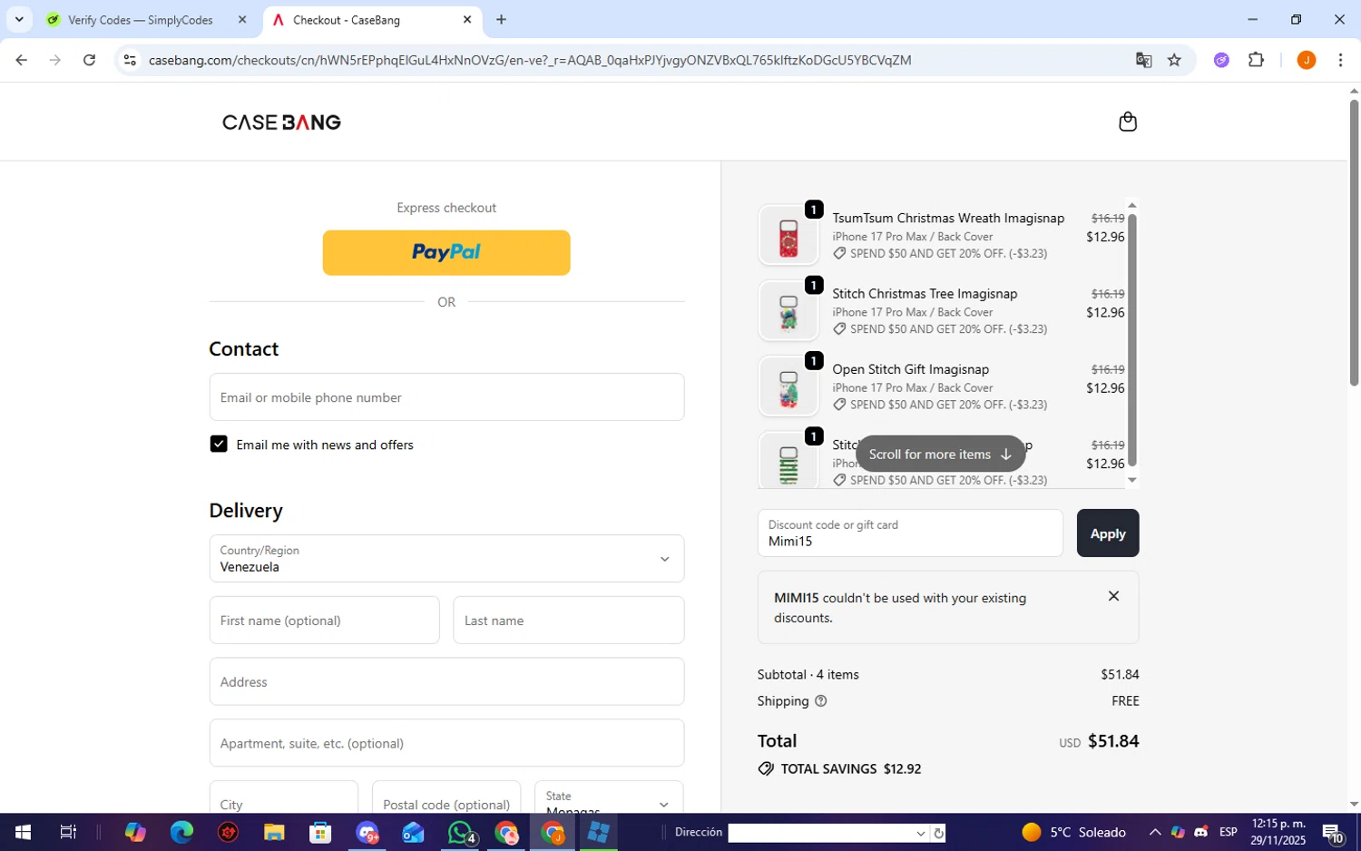 Casebang discount code screenshot showing code Mimi15 applied at Casebang checkout page. Uploaded by SimplyCodes community member TheCreature on Nov 29, 2025