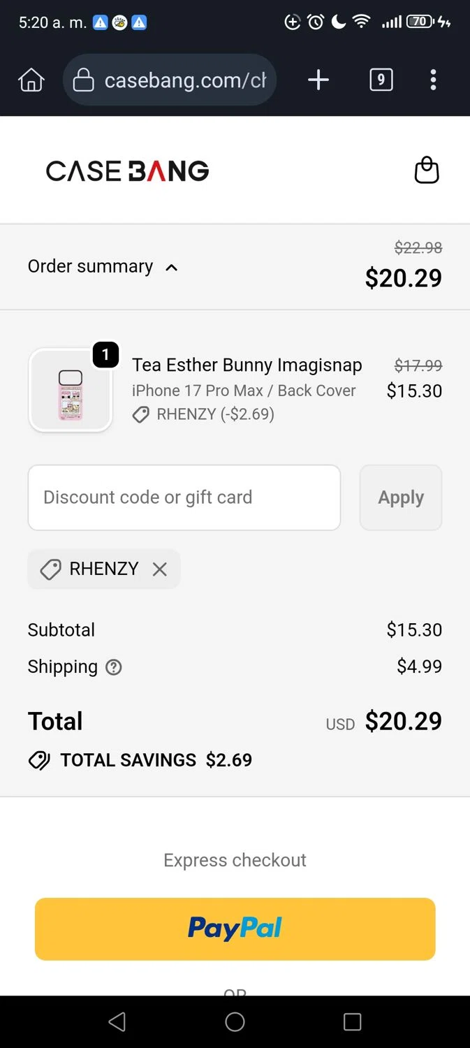 Casebang discount code screenshot showing code RHENZY applied at Casebang checkout page. Uploaded by SimplyCodes community member Madurocupones on Dec 28, 2025