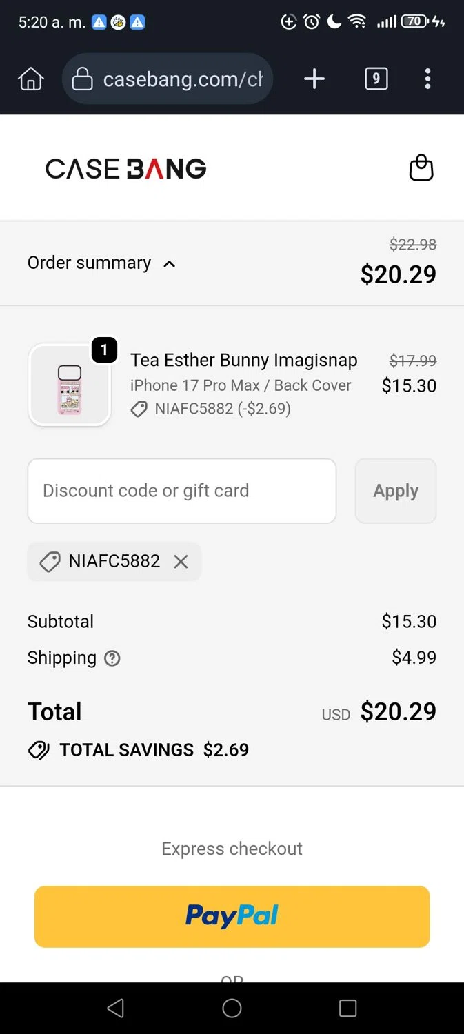 Casebang discount code screenshot showing code NIAFC5882 applied at Casebang checkout page. Uploaded by SimplyCodes community member Madurocupones on Dec 28, 2025