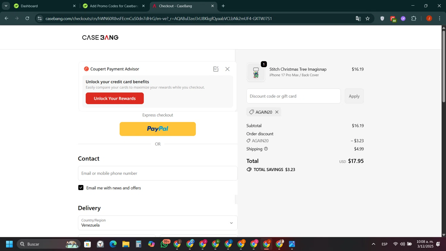 Casebang discount code screenshot showing code AGAIN20 applied at Casebang checkout page. Uploaded by SimplyCodes community member ShieldAce8260 on Dec 3, 2025