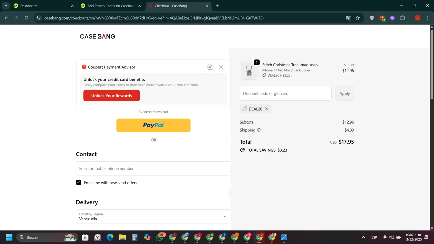 Casebang discount code screenshot showing code Deal20 applied at Casebang checkout page. Uploaded by SimplyCodes community member ShieldAce8260 on Dec 3, 2025