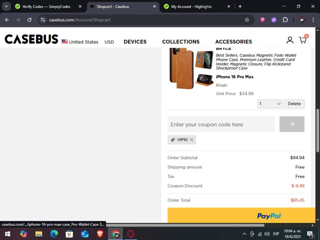 Casebus checkout page showing Casebus coupon code box | Screenshot taken by SimplyCodes community member on Jun 18, 2025