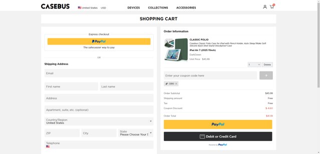 Casebus checkout page showing Casebus coupon code box | Screenshot taken by SimplyCodes community member on Aug 3, 2025