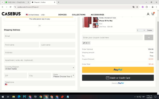 Casebus checkout page showing Casebus coupon code box | Screenshot taken by SimplyCodes community member on Aug 13, 2025
