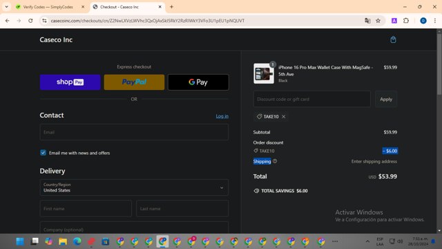 Caseco checkout page showing Caseco coupon code box | Screenshot taken by SimplyCodes community member on Oct 28, 2024