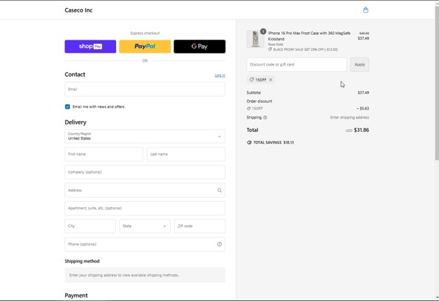 Caseco checkout page showing Caseco coupon code box | Screenshot taken by SimplyCodes community member on Nov 16, 2024