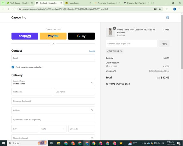 Caseco checkout page showing Caseco coupon code box | Screenshot taken by SimplyCodes community member on Nov 15, 2024