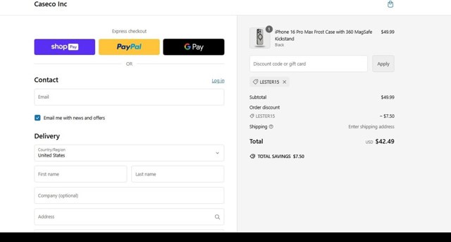 Caseco checkout page showing Caseco coupon code box | Screenshot taken by SimplyCodes community member on Oct 28, 2024