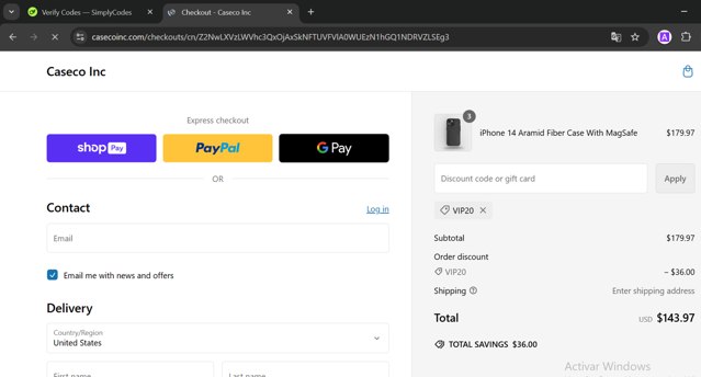 Caseco checkout page showing Caseco coupon code box | Screenshot taken by SimplyCodes community member on Nov 11, 2024