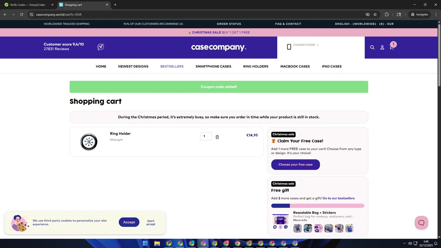 CaseCompany checkout page showing CaseCompany discount code box | Screenshot taken by SimplyCodes community member on Dec 22, 2025