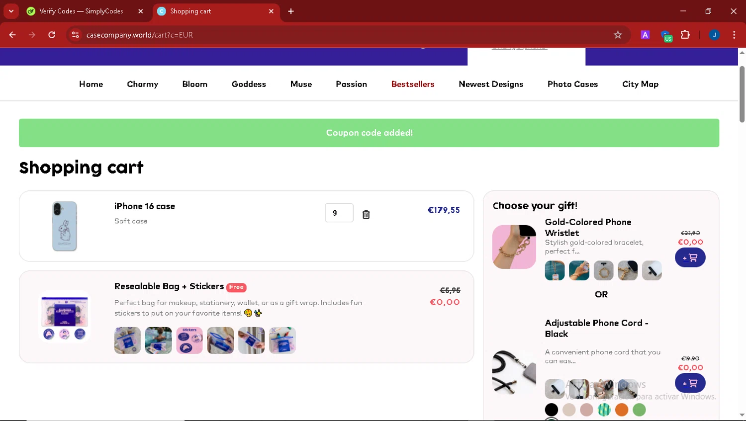 CaseCompany discount code screenshot showing code CASECOMPANY10 applied at CaseCompany checkout page. Uploaded by SimplyCodes community member thegordobaby on Apr 14, 2025