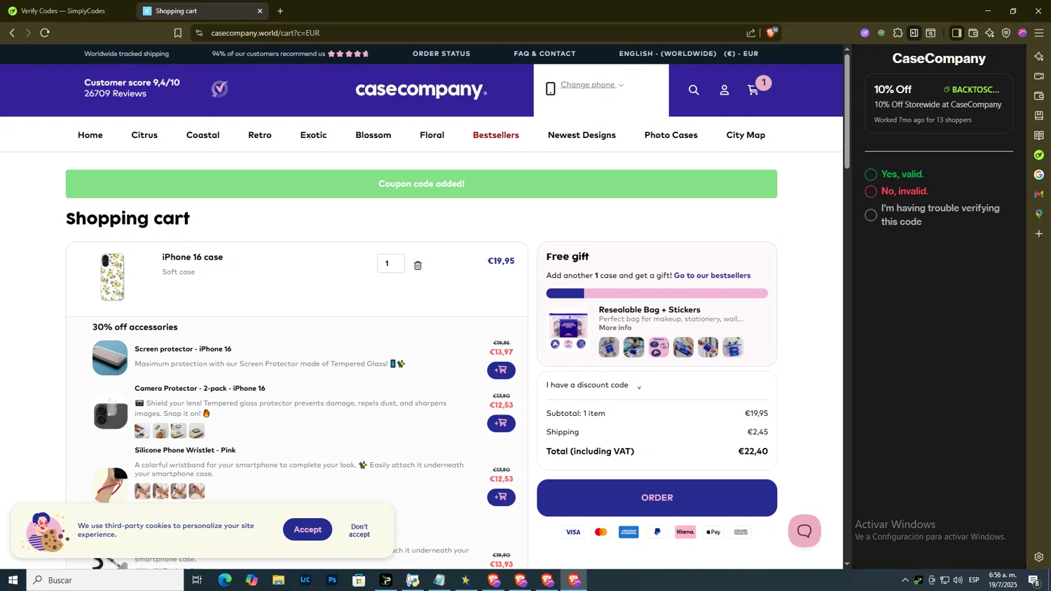 CaseCompany discount code screenshot showing code BACKTOSCHOOL applied at CaseCompany checkout page. Uploaded by SimplyCodes community member DiscountExpert556 on Jul 19, 2025