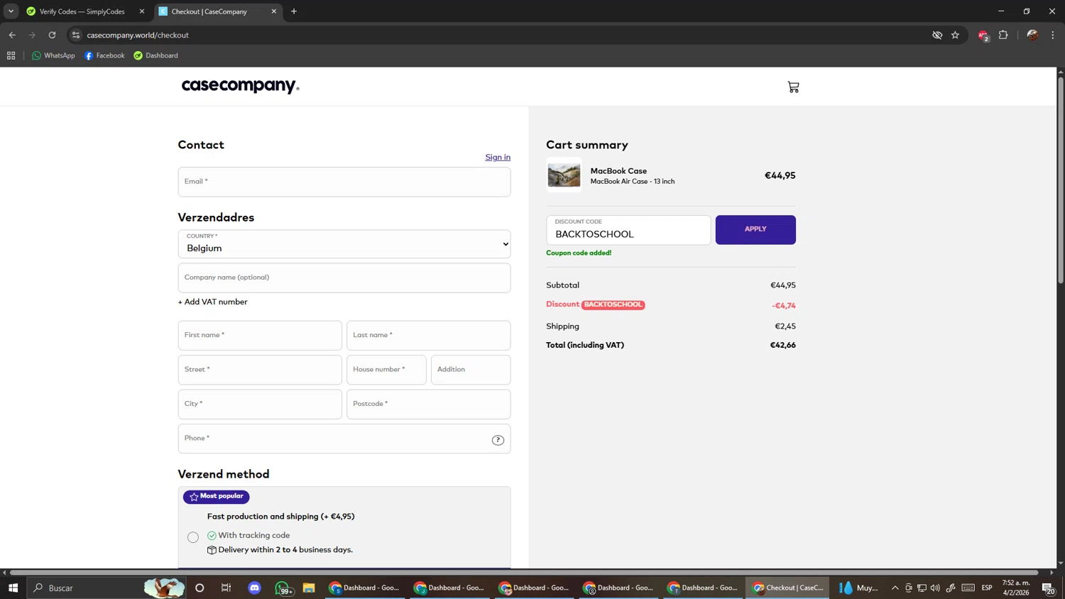 CaseCompany discount code screenshot showing code BACKTOSCHOOL applied at CaseCompany checkout page. Uploaded by SimplyCodes community member ScanShopper554 on Feb 4, 2026