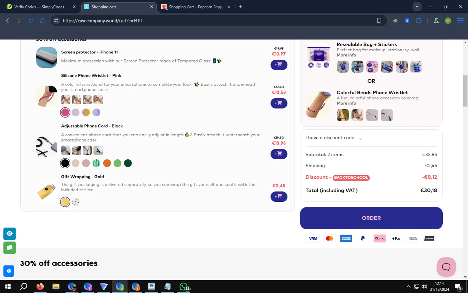 CaseCompany discount code screenshot showing code BACKTOSCHOOL applied at CaseCompany checkout page. Uploaded by SimplyCodes community member papafrita on Dec 31, 2024
