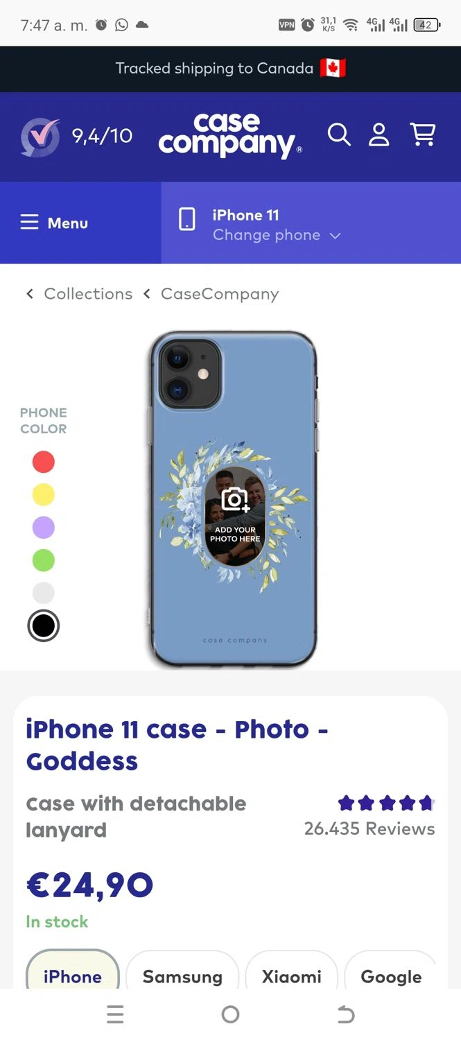 CaseCompany discount code screenshot showing code HAPPYHOLIDAYS applied at CaseCompany checkout page. Uploaded by SimplyCodes community member AmiMizuno on Mar 18, 2025
