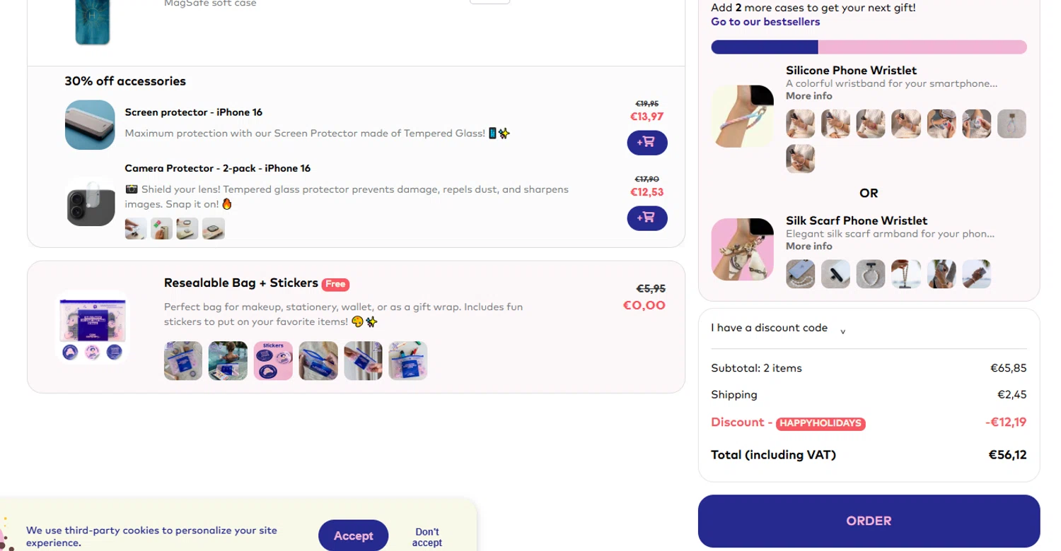 CaseCompany discount code screenshot showing code HAPPYHOLIDAYS applied at CaseCompany checkout page. Uploaded by SimplyCodes community member jenifferalvarez on Nov 6, 2025
