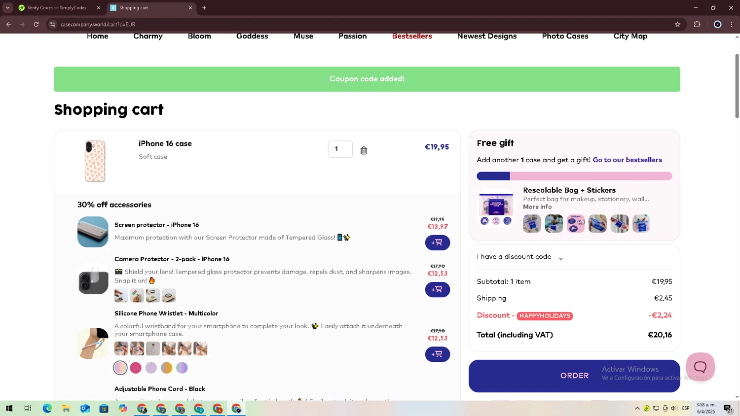 CaseCompany discount code screenshot showing code HAPPYHOLIDAYS applied at CaseCompany checkout page. Uploaded by SimplyCodes community member jessrodrguez2 on Apr 6, 2025